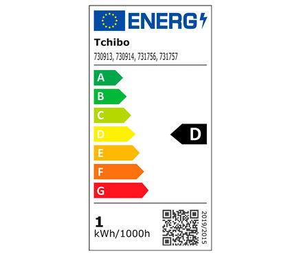 Tchibo energia címke D energiahatékonysági osztállyal és 1 kWh/1000h fogyasztással.