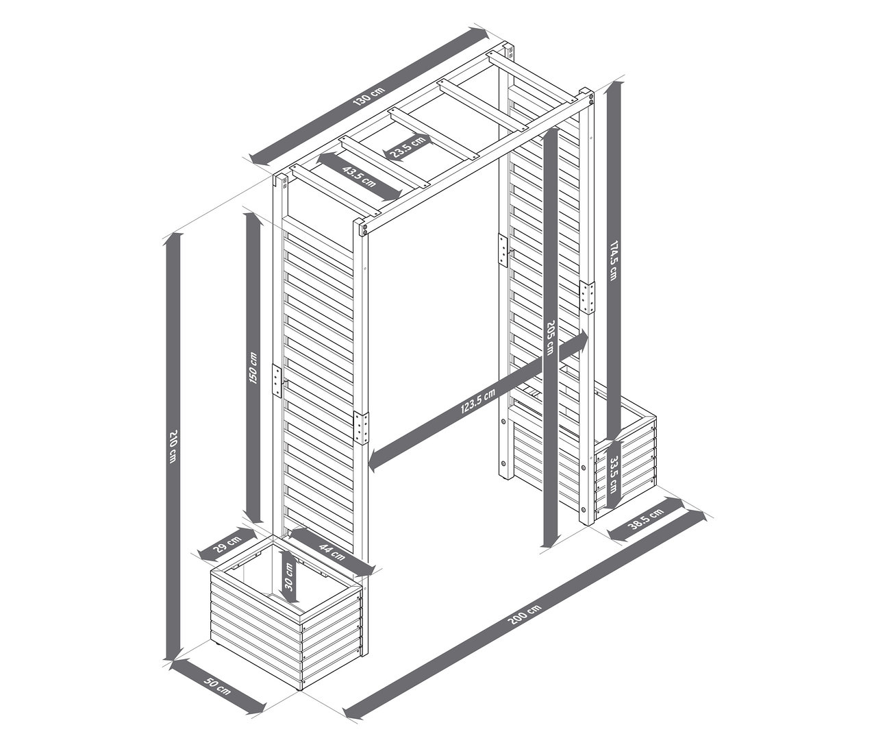 Részletes, vázlatos rajz egy rózsalugasról virágládákkal, méretekkel együtt.