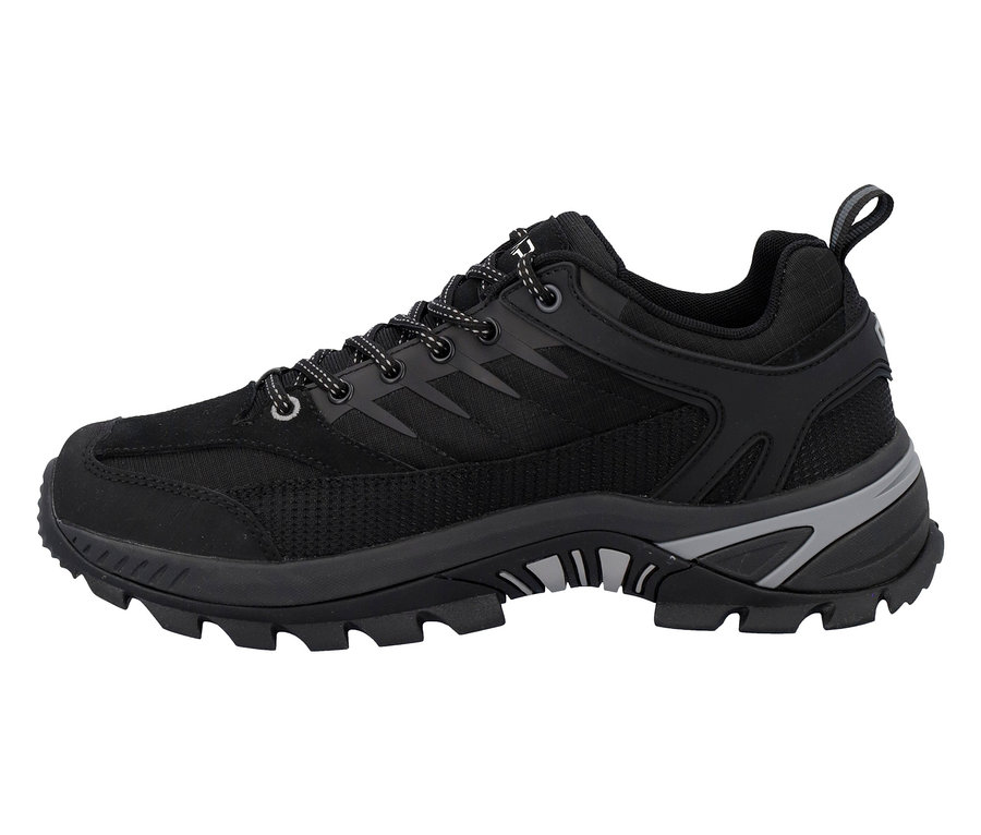 Fekete túracipő fűzővel és szürke díszítéssel.