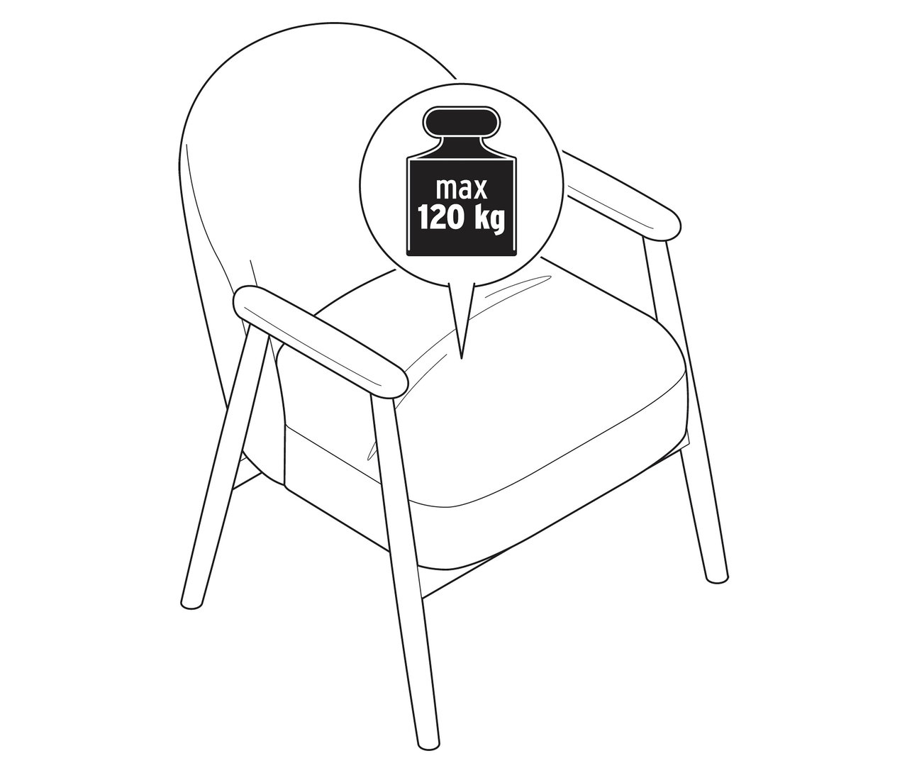 Egy fa karfával és vázzal rendelkező fotel körvonala, maximum 120 kg-os súlyhatárral.