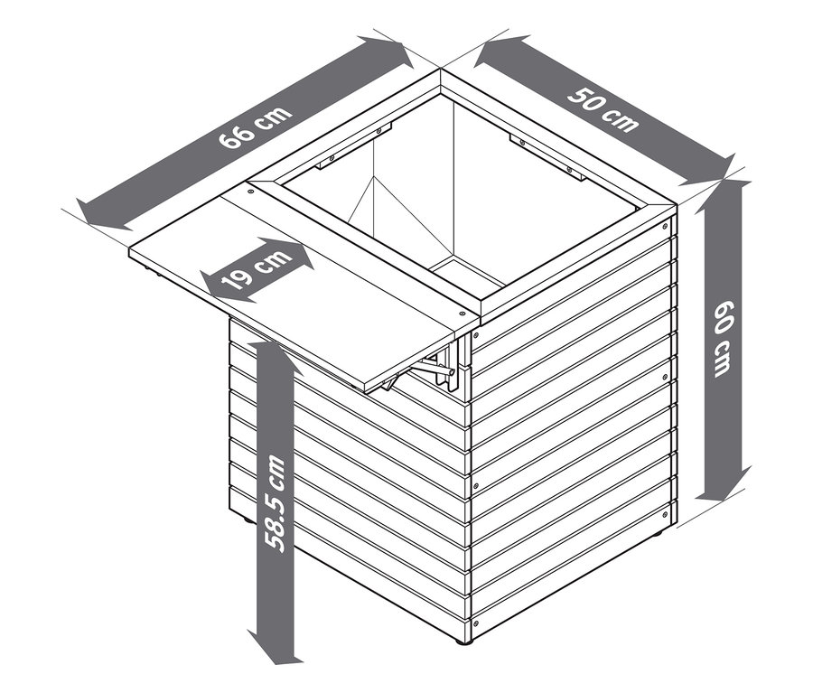 Ábra egy »Tinus« ültetőládáról felhajtható asztallappal, méretekkel.