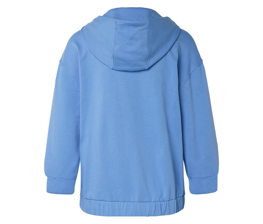 Hátulnézet egy világoskék, hosszú ujjú, rugalmas szegélyű kapucnis pulóverről.