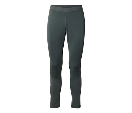 Sötétszürke sportleggings széles derékpánttal, fényvisszaverő pontokkal a bal vádlán és cipzárakkal a bokáknál.