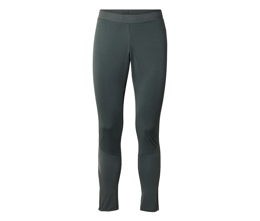 Sötétszürke sportleggings széles derékpánttal, fényvisszaverő pontokkal a bal vádlán és cipzárakkal a bokáknál.