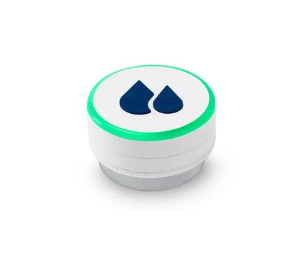 Fehér Időzítő zuhanyzáshoz, lámpával, kék Start/Stop és Szünet/Reset gombokkal.