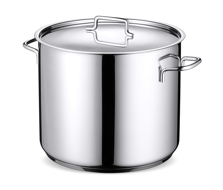 Egy XL-es nemesacél leveses fazék fedővel és fogantyúkkal.