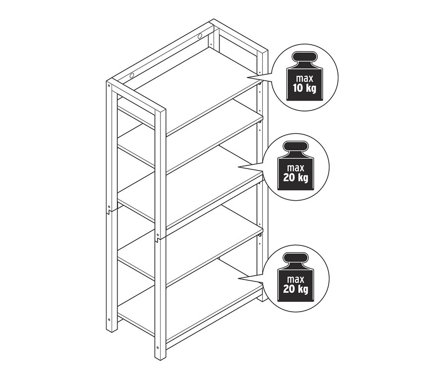 Illusztráció egy üres könyvespolcról négy polccal és súlykorlátozásokkal.