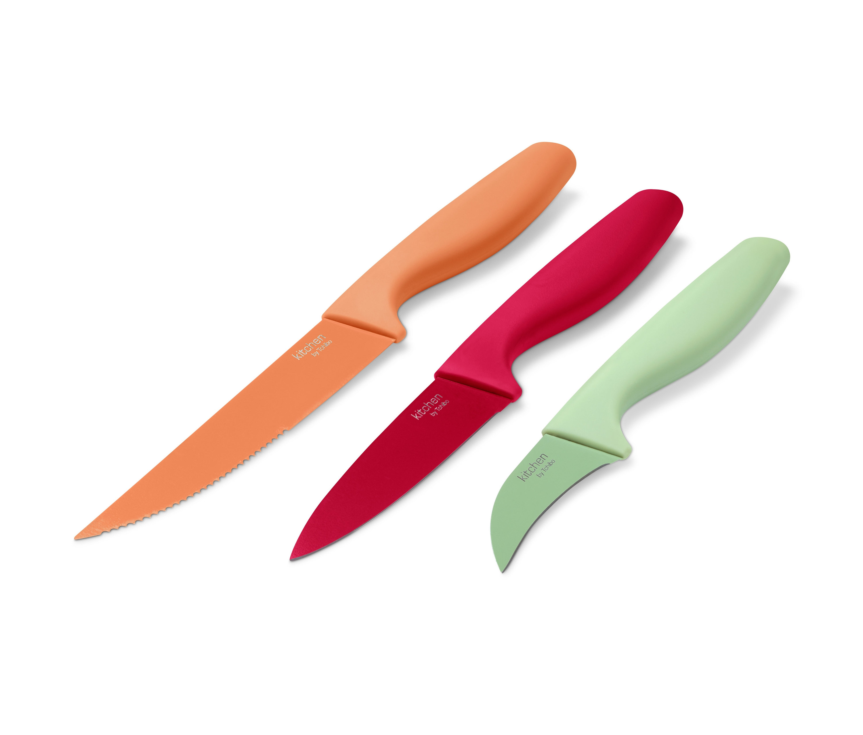 Narancssárga, piros és zöld konyhai késkészlet, 3 darabos.