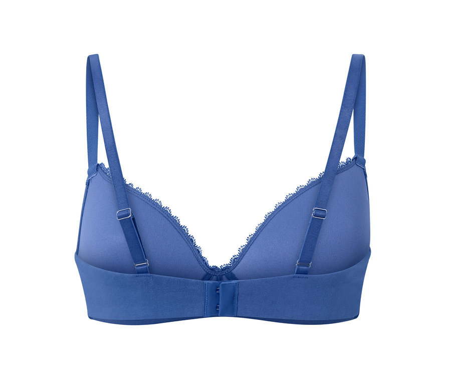 Kék, puha kosaras melltartó hátulnézetből.