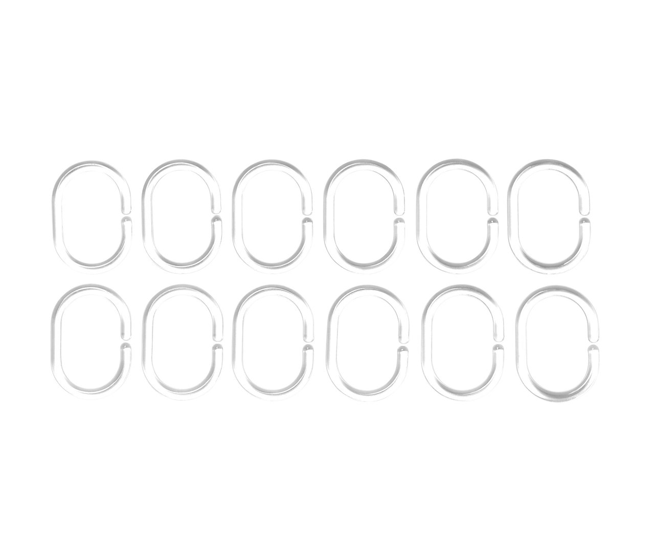 Tíz átlátszó zuhanyfüggönykarika két sorba rendezve.