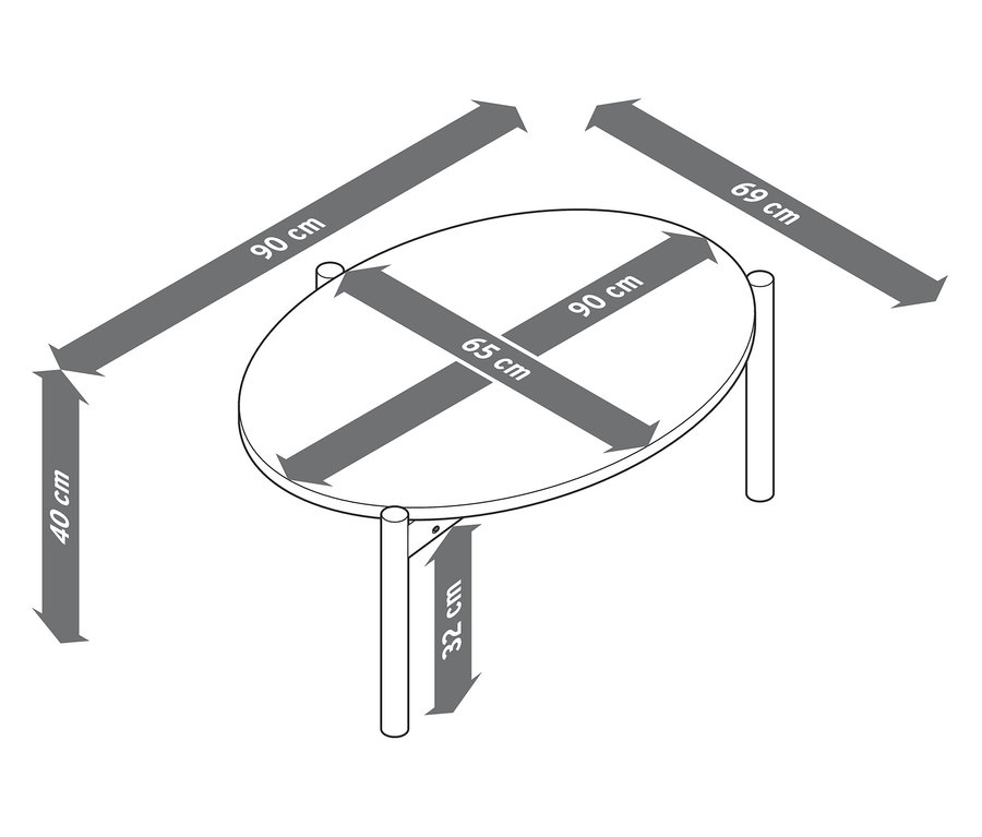Kép egy ovális asztalról, jelölt méretekkel.