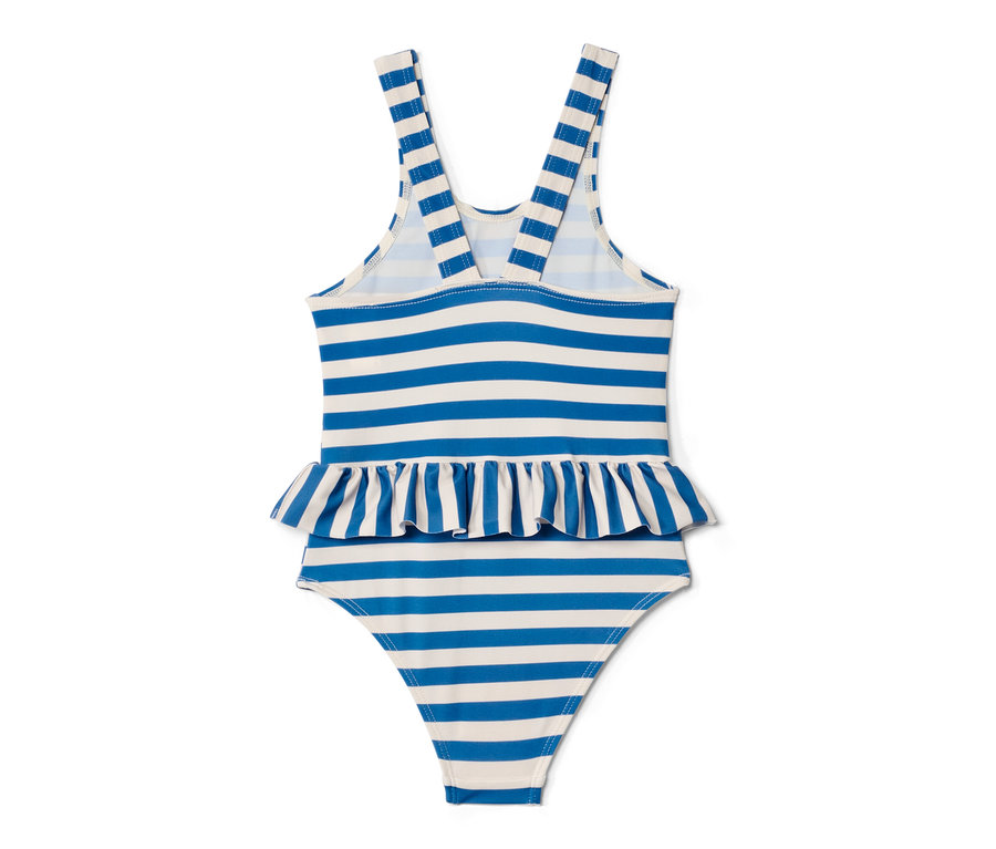 Hátulnézet egy kék-fehér csíkos, fodros gyerek fürdőruháról.