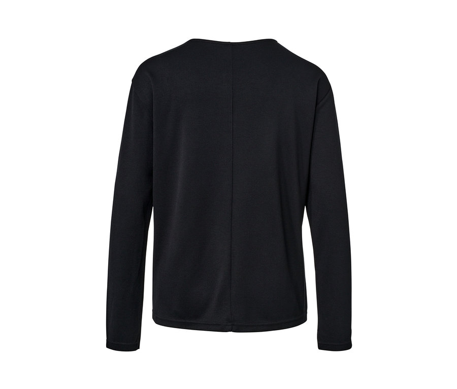 Fekete, hosszú ujjú pólóblúz hátulról.