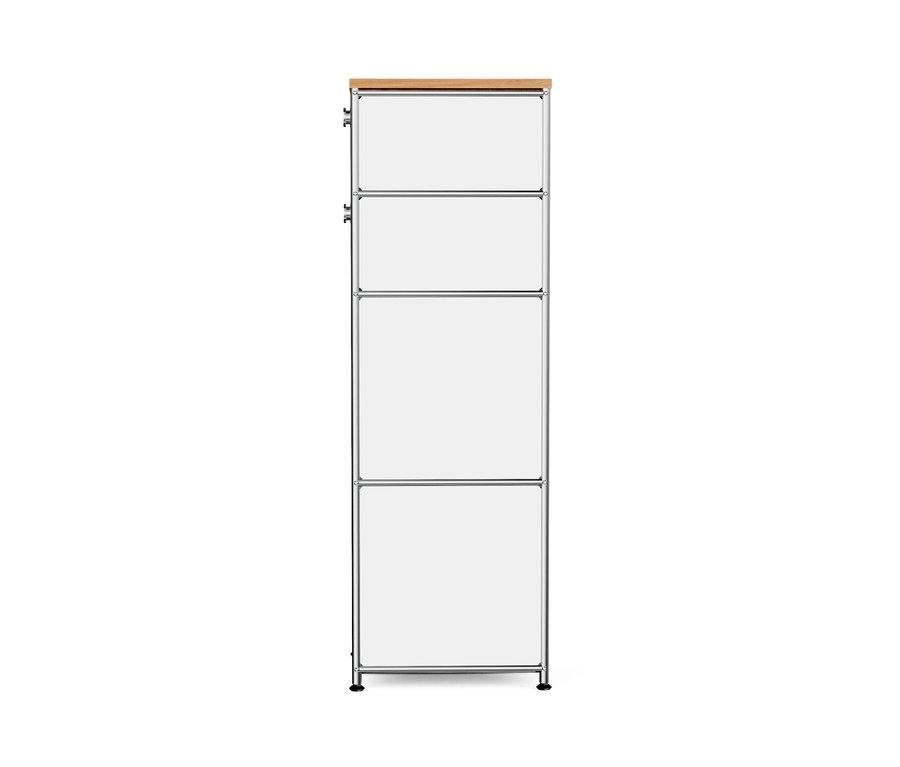 Egy fehér, keskeny »CN3« fém komód fa tetőlappal és két fiókkal.