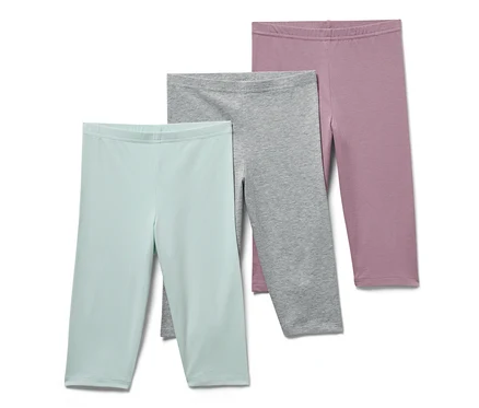 Három 3/4-es lány leggings: világoskék, szürke és lila.