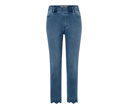 Kék, 7/8-os treggings lyukhímzéssel a szegélyén.