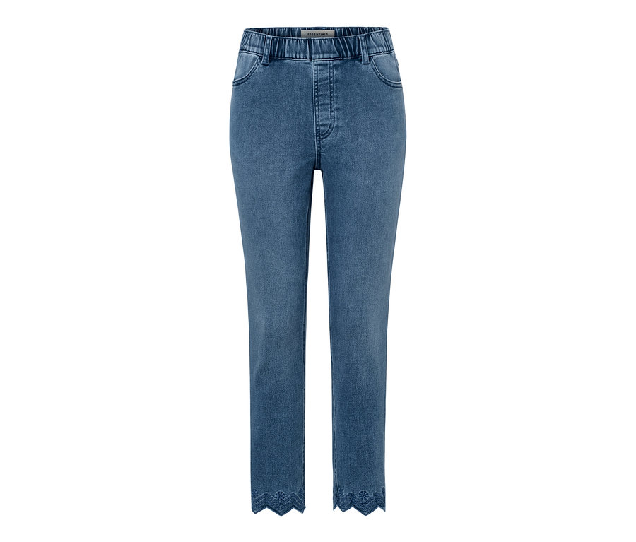 Kék, 7/8-os treggings lyukhímzéssel a szegélyén.