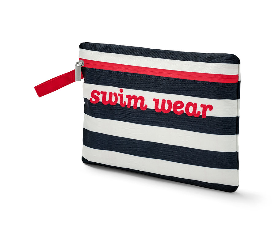 Csíkos Strandtasak piros cipzárral és swim wear felirattal.