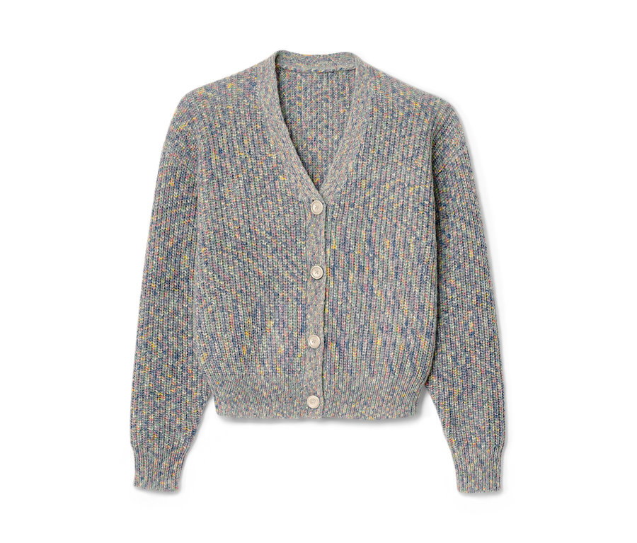 Szürke, gyapjú gyermek kötött kardigán gombokkal.