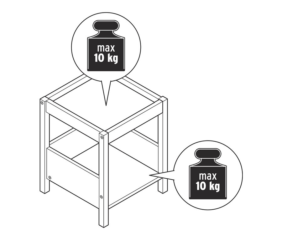 Egy fekete-fehér mellékasztal vázlatos rajza, maximum 10 kg terhelhetőséggel.