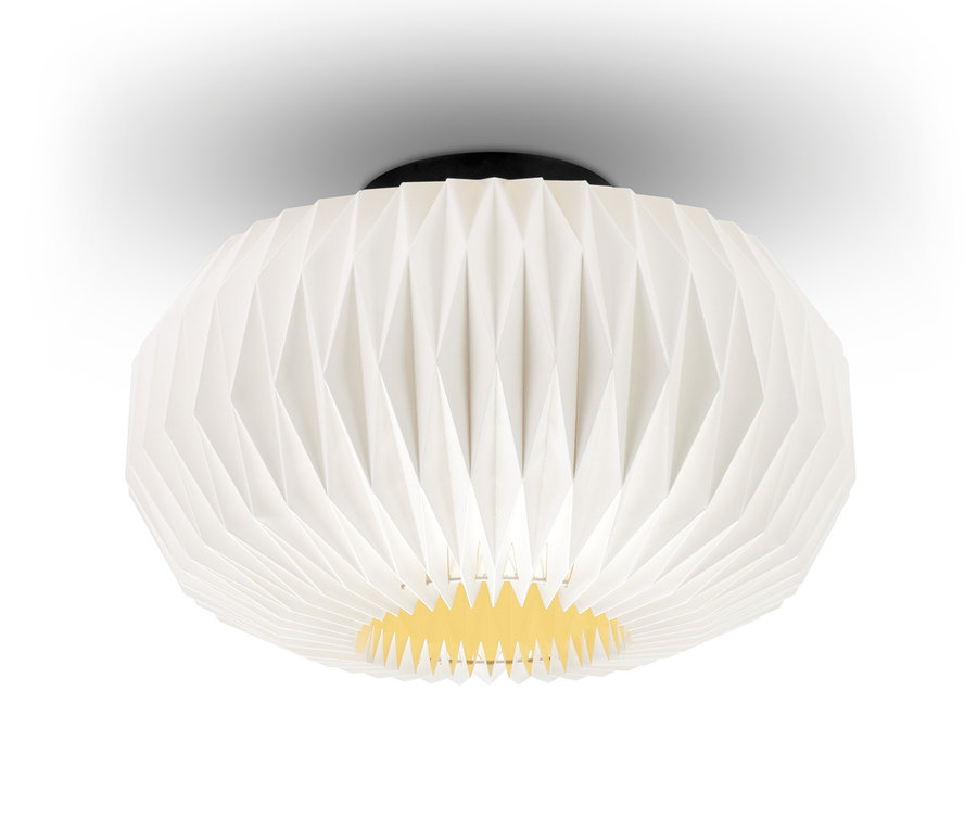 Egy LED-es mennyezeti lámpa, papír lámpaernyővel a mennyezetre szerelve.