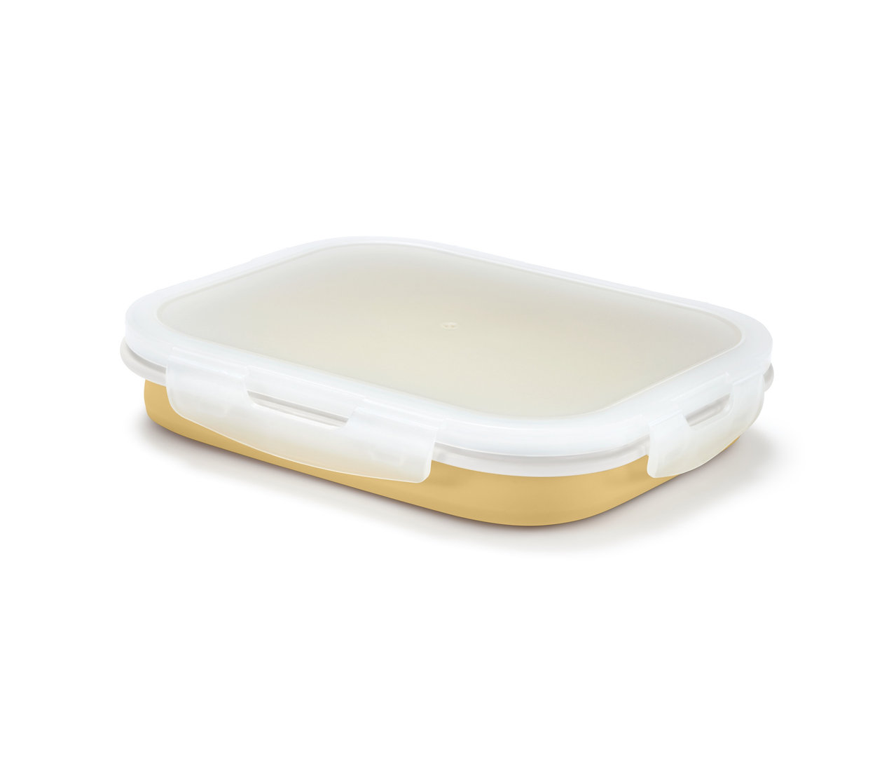 Sárga, összecsukható ételhordó doboz átlátszó fedéllel.