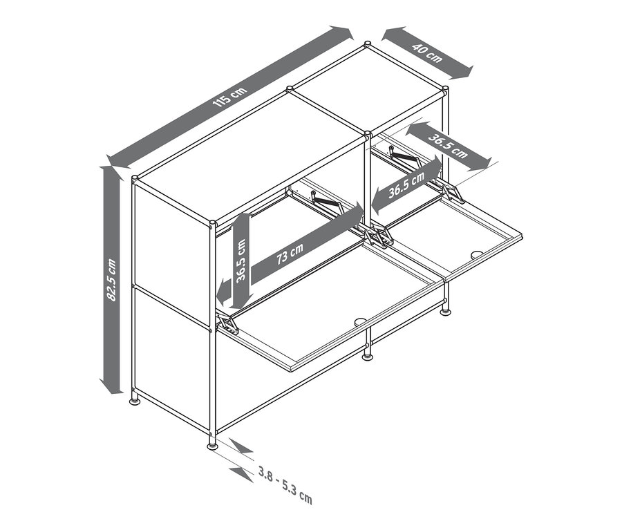 A »CN3« komód méretei, 4 lenyitható ajtóval.