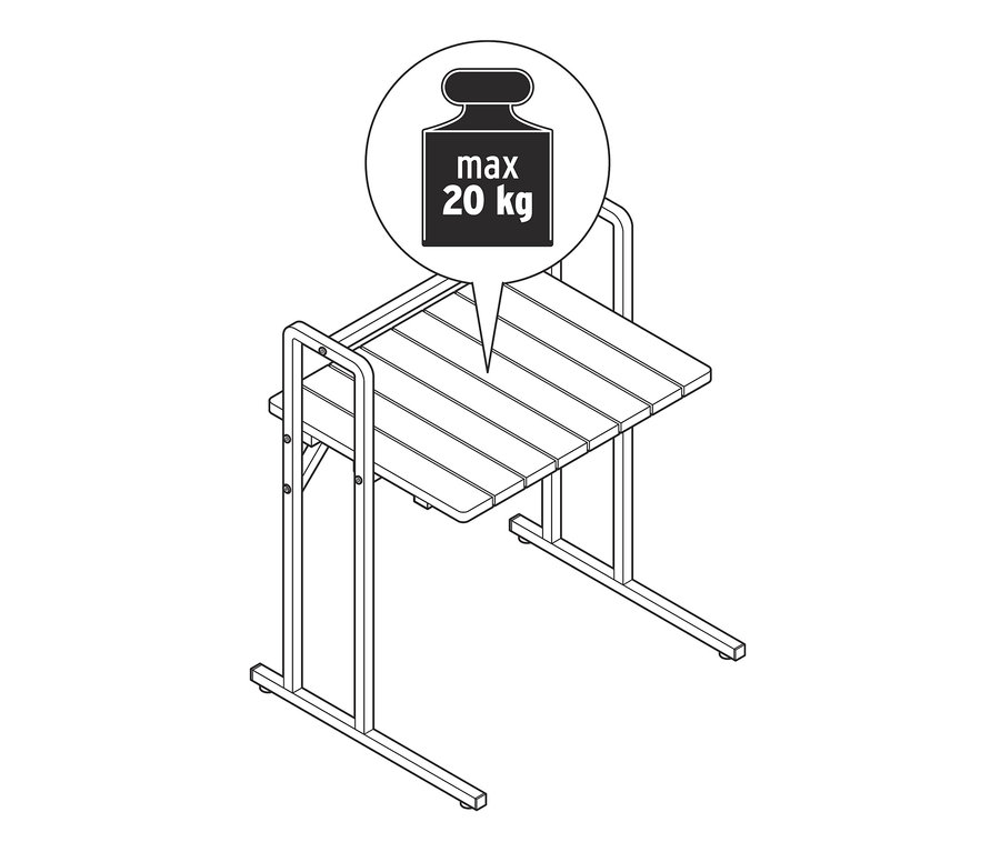 Illusztráció egy C alakú asztalról, nagy asztallappal és maximum 20 kg-os terhelhetőséggel.
