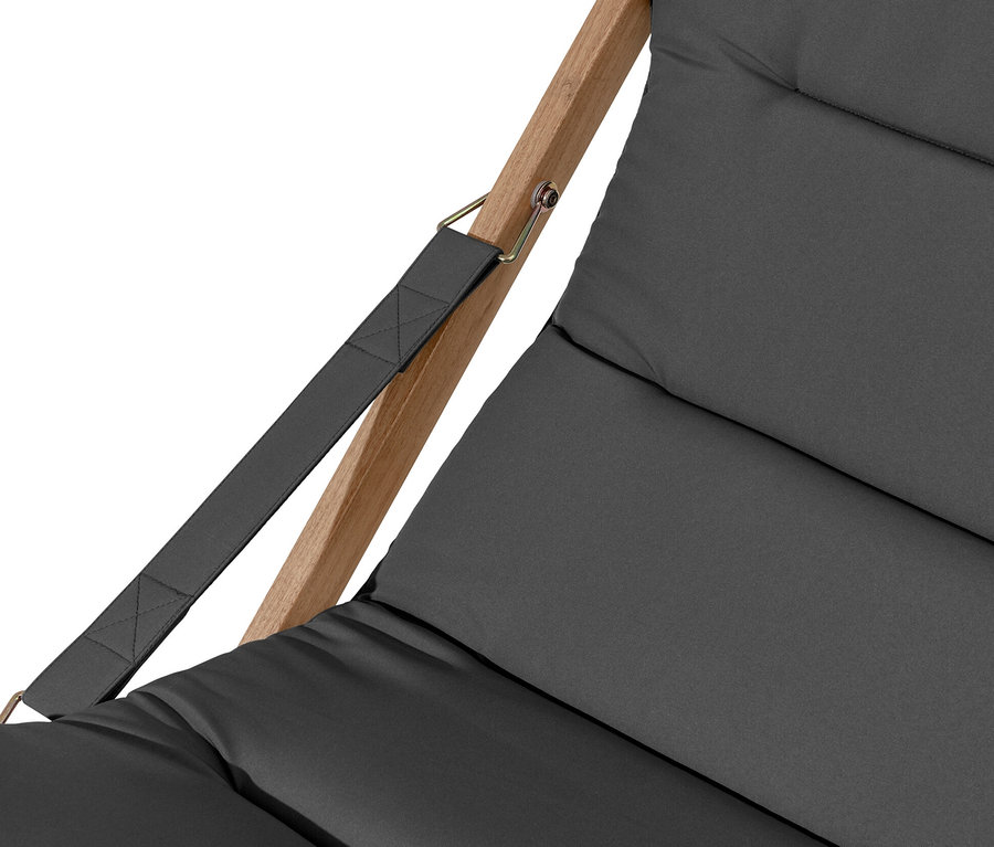 Egy antracit színű, összecsukható relaxációs fotel részlete.