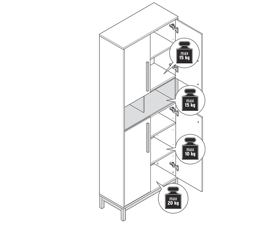 Egy Eklund magas fürdőszobai szekrény rajza nyitott ajtókkal és polcokkal. A polcok maximális terhelhetősége fel van tüntetve.