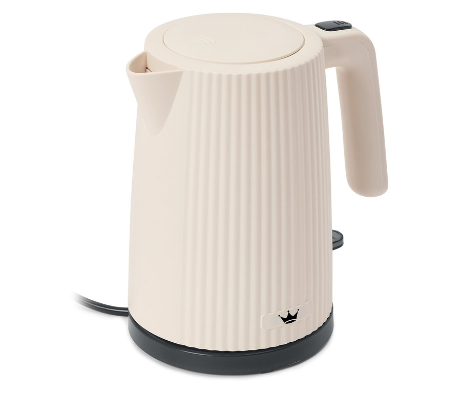 Krémszínű vízforraló függőleges bordákkal a testén és fekete alappal.