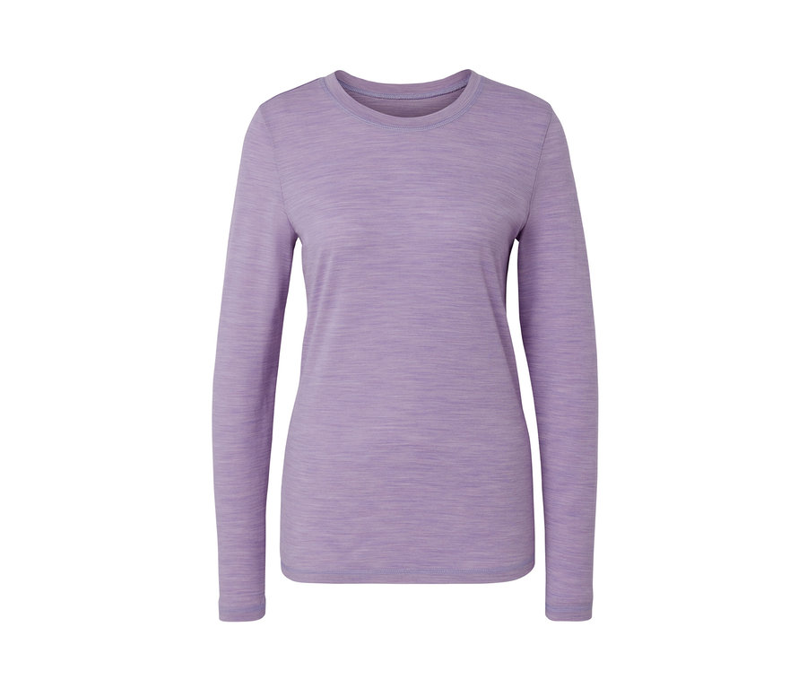 Lila, hosszú ujjú merinógyapjú felső.