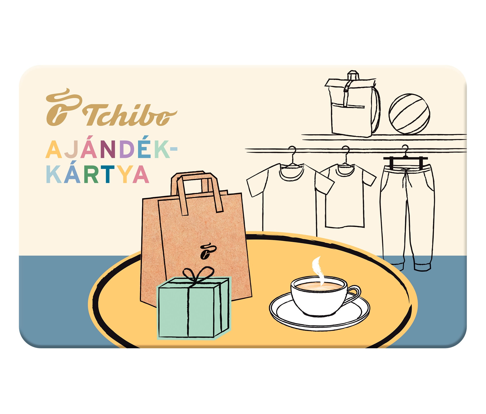 Illusztráció egy Tchibo ajándékkártyáról, rajta egy bevásárlótáska, egy ajándék és egy csésze kávé.