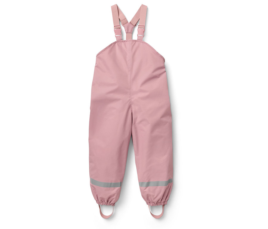 Rózsaszín kantáros nadrág fényvisszaverő csíkokkal a szárakon.