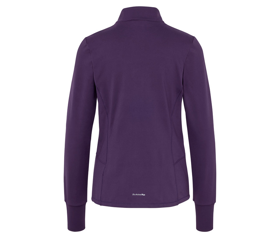 Lila, hosszú ujjú sportdzseki cipzárral a hátulján.