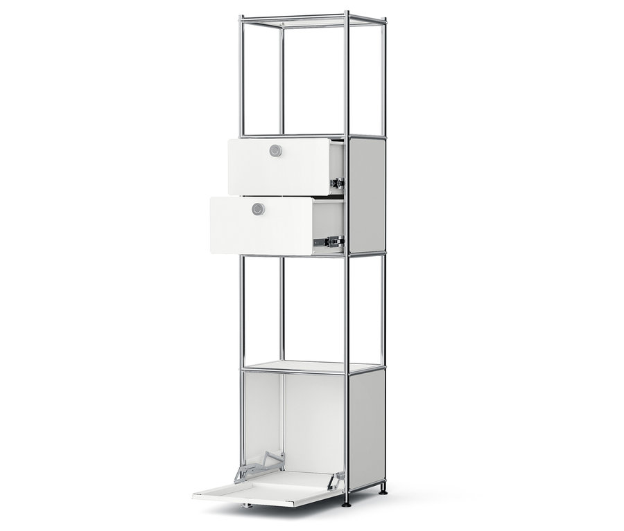 Fehér moduláris tárolórendszer két fiókkal és egy lenyíló ajtóval.