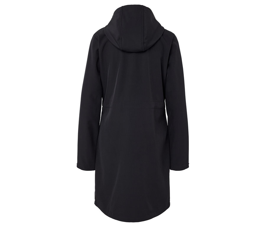 Fekete kapucnis kabát, hátulnézet.