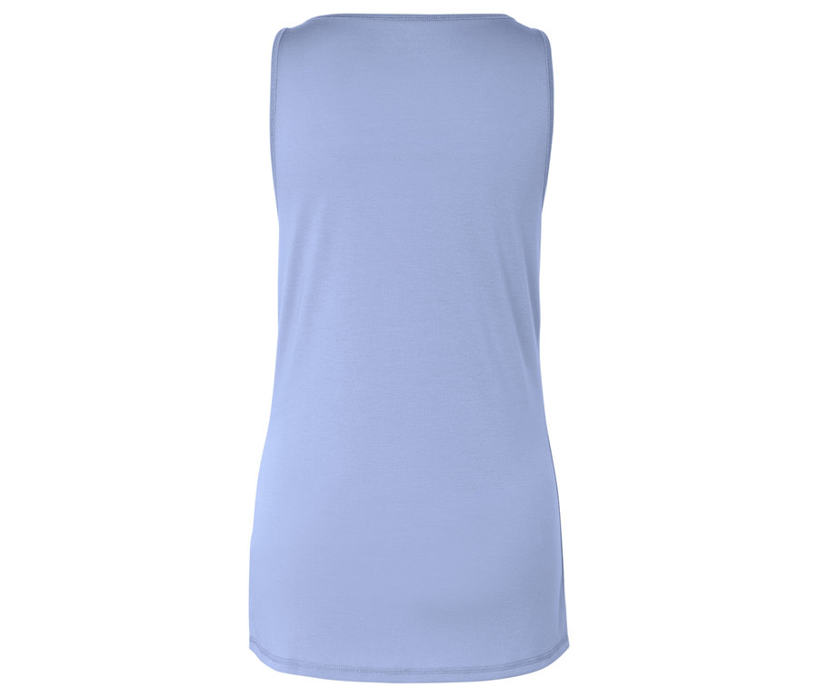 Hátulnézet egy világoskék ujjatlan felsőről.