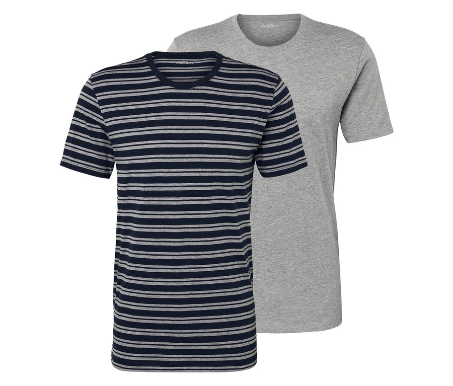 Két póló: egy kék és szürke csíkos, egy pedig szürke.