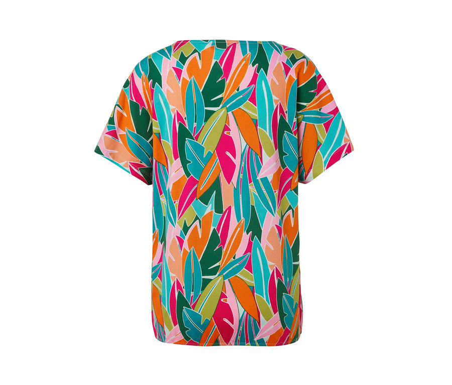 Ejtett vállú, nyomott mintás pólóblúz.