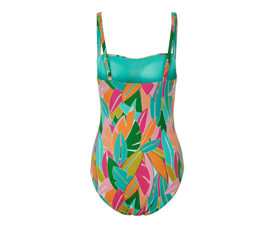 Egy színes, alakformáló női fürdőruha hátulnézete, levélmintával.