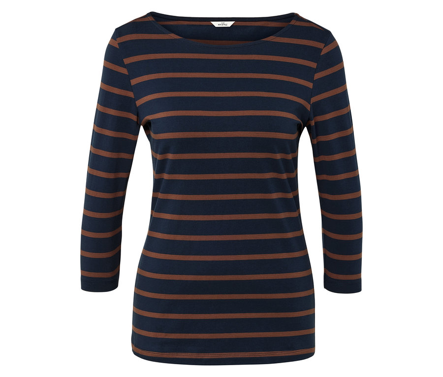 Csíkos, hosszú ujjú póló sötétkék és barna színben.