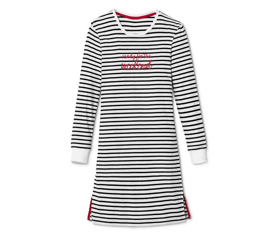 Csíkos lány hálóing fekete és fehér színben, felirattal.