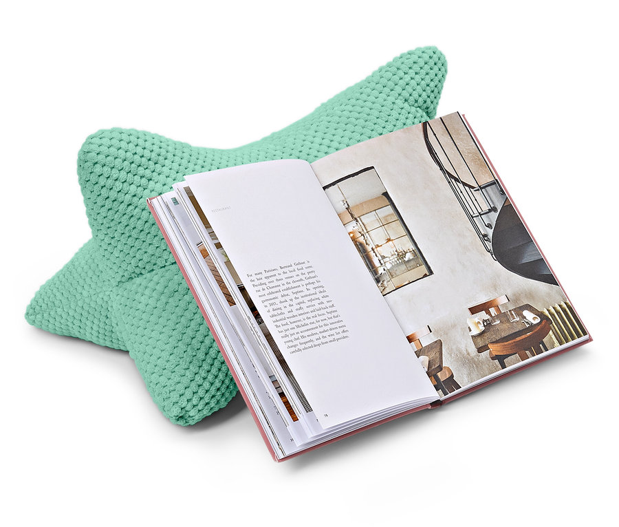 Egy mentazöld olvasópárna támaszt egy nyitott könyvet.