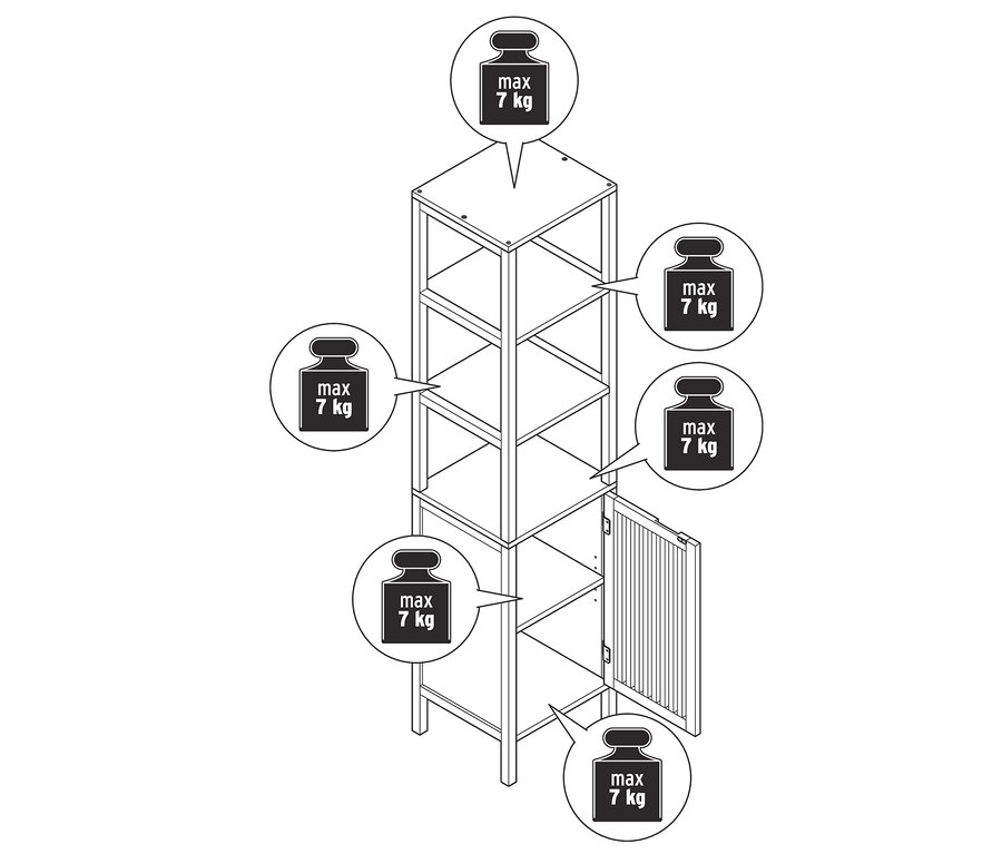 Egy skandináv stílusú állópolc képe nyitott alsó rekesszel. Maximális terhelés 7 kg polconként.