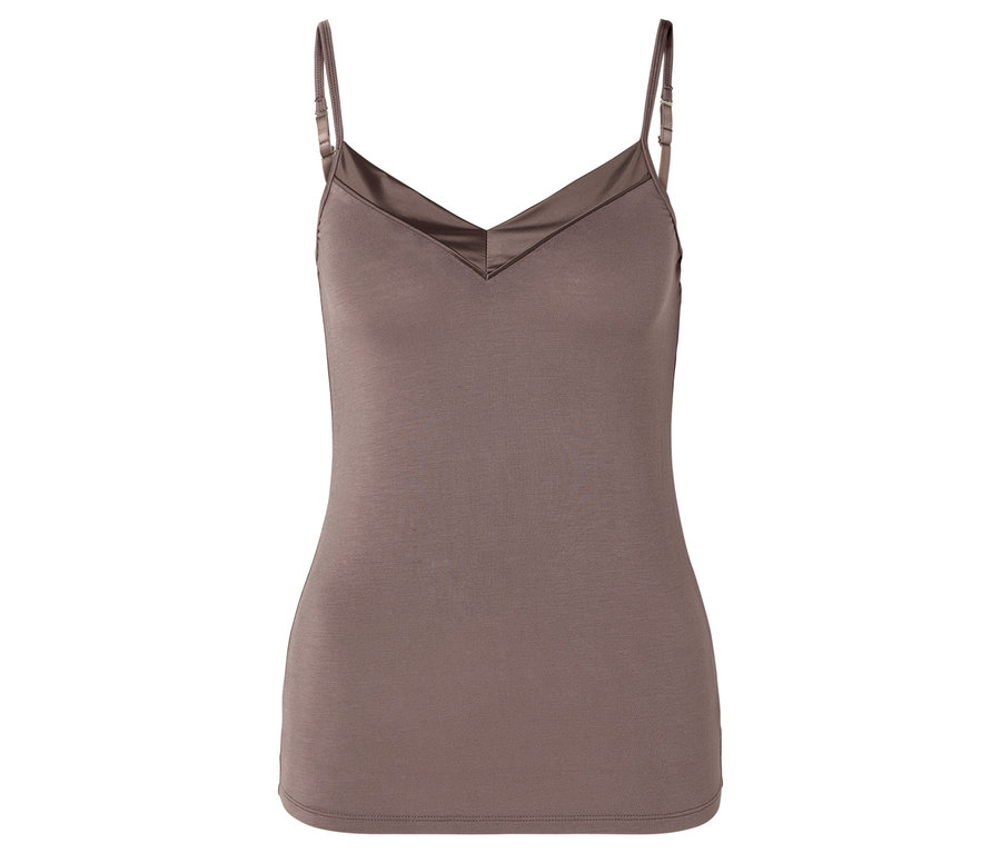 Barna spagettipántos, V-nyakú trikó.