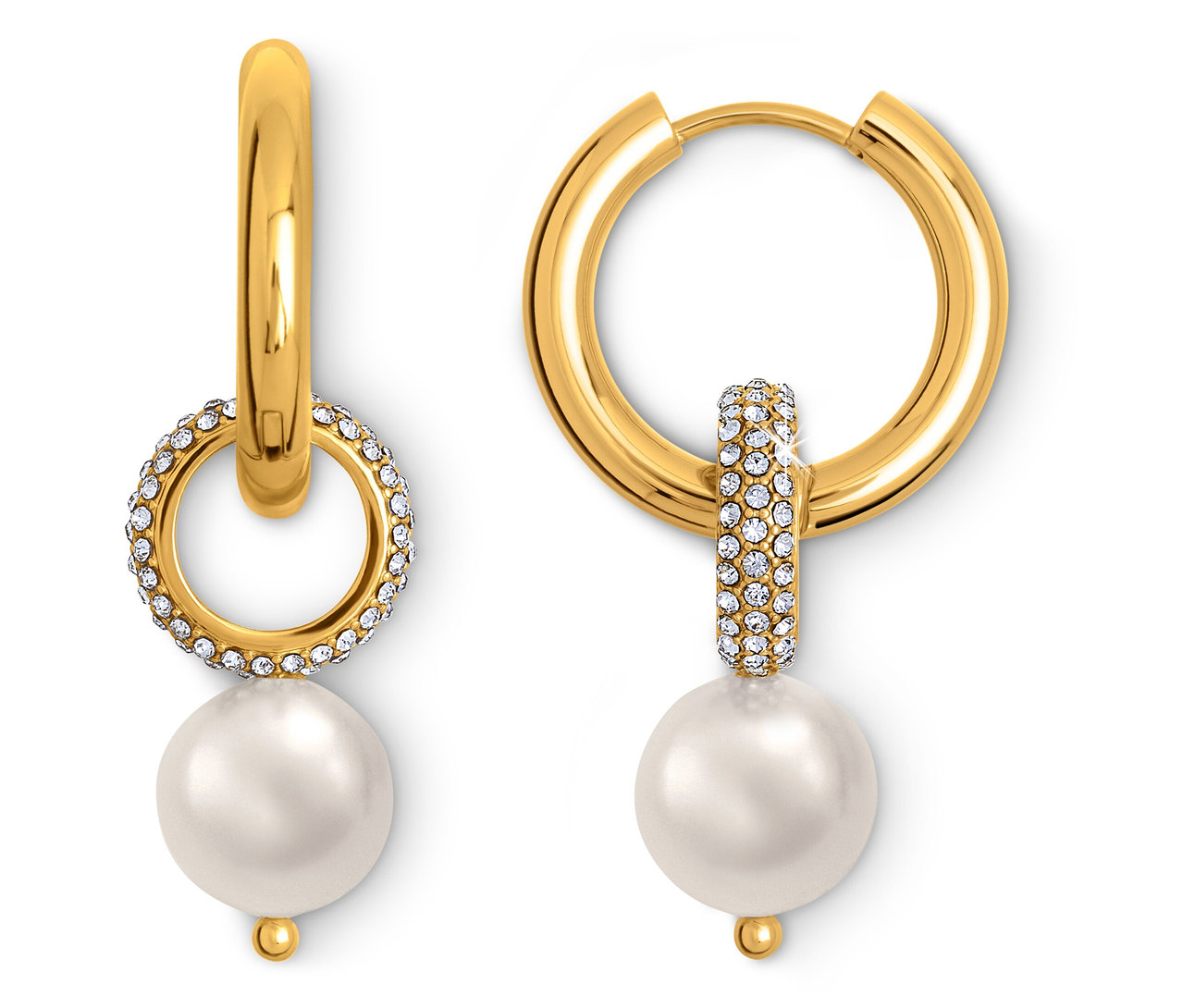 Két arany karika fülbevaló, az egyik kristályokkal díszített kör alakú elemmel és gyönggyel, a másik kristályokkal díszített hengerrel és gyönggyel.