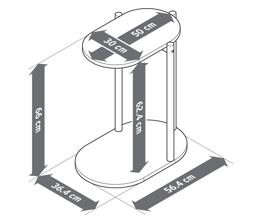 Egy ovális asztal méreteit ábrázoló diagram. A felső lap méretei 50 cm és 30 cm. Az asztal magassága 66 cm. Az alap méretei 36,4 cm és 56,4 cm.