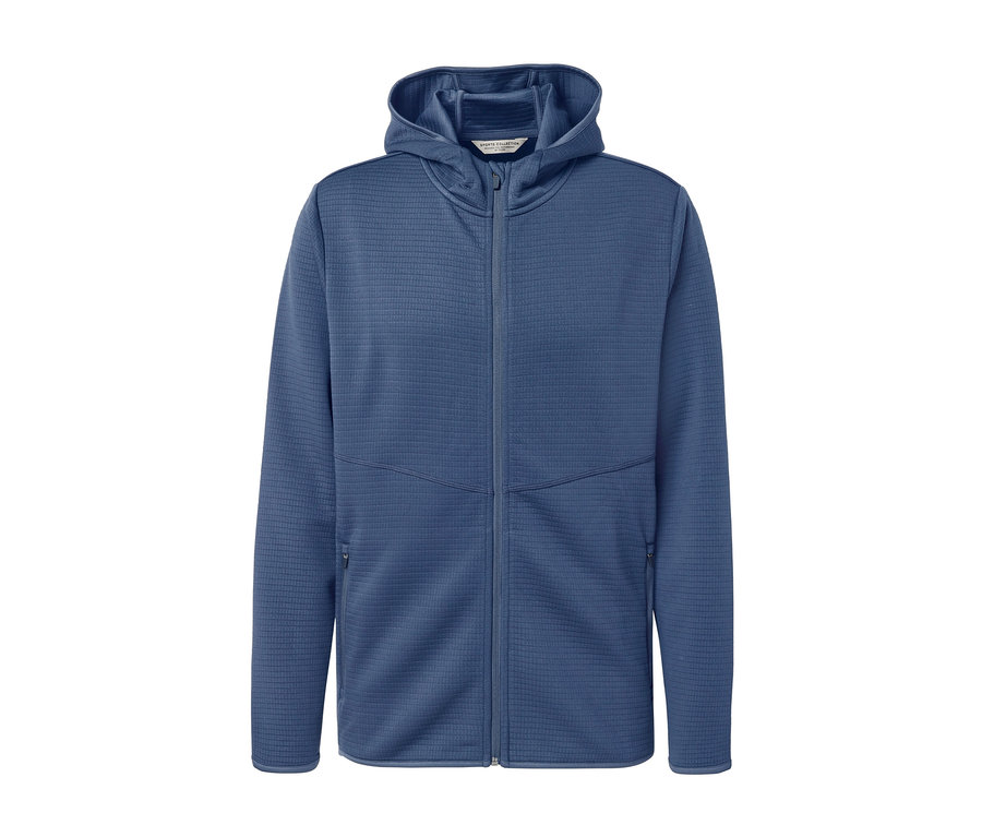 Kék, cipzáros, kapucnis férfi funkcionális felső.