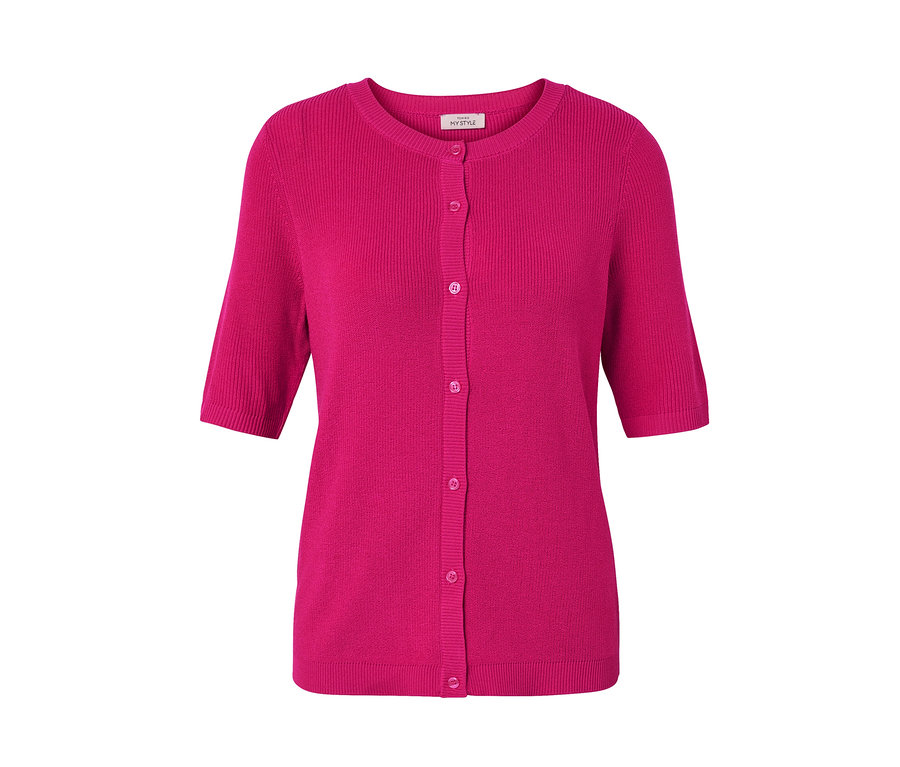 Rózsaszín, finomkötésű, lenvászon kardigán rövid ujjakkal és gombokkal.